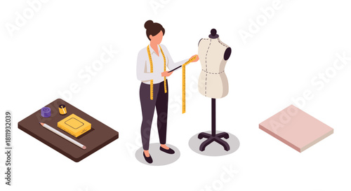 Fashion designer measuring dress on mannequin in isometric style