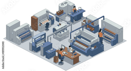 Isometric print shop interior with modern equipment and people working in colorful workspace