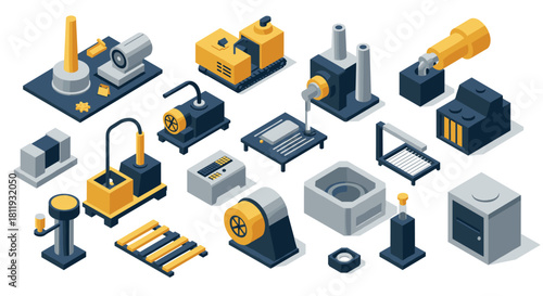 Isometric industrial machine collection in yellow and grey tones for modern design projects