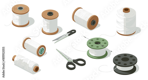 Isometric sewing supplies with threads and scissors on white background