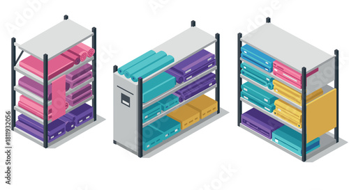 Isometric textile shelves display with colorful fabric rolls and boxes