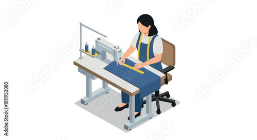 Seamstress working at sewing machine in isometric design