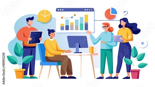 Team collaboration analyzing business growth and data