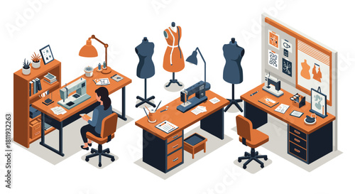 Fashion design studio isometric view with sewing equipment and designer at work