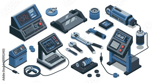 Isometric industrial workshop tools and equipment