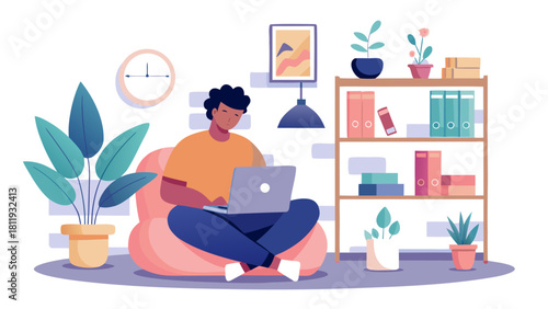 Person working on laptop in a cozy home office with plants