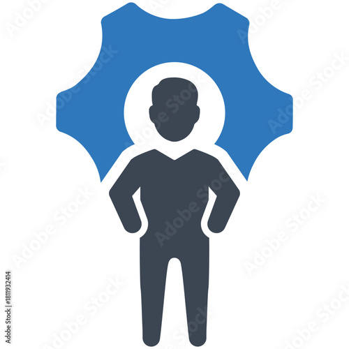Efficiency Emblem: A minimalist design showcases a person standing confidently, integrated with a gear, symbolizing precision and functionality, perfect for business or tech applications.