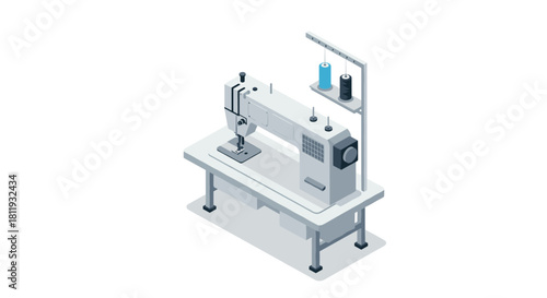 Isometric sewing machine design with threads on modern workbench