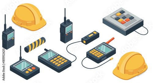 Isometric construction tools set: hard hat, walkie talkie, remote controllers, and control panel