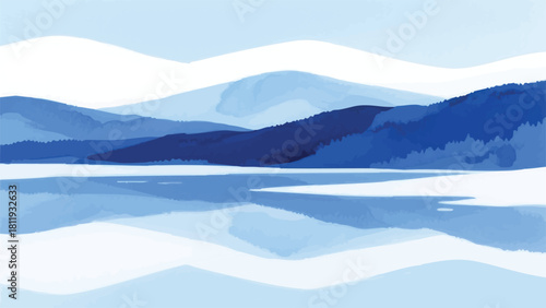A serene landscape of layered blue mountains and a calm water reflection