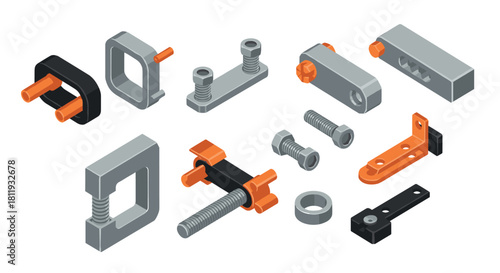 Isometric industrial hardware components in grey and orange design