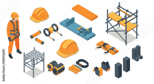 Isometric construction gear and scaffolding elements in modern style