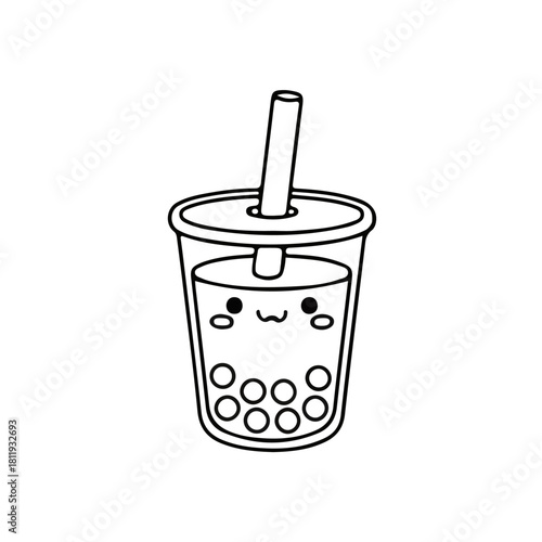 Cute Boba Tea Line Art Icon Black and White Kawaii Bubble Tea Cup Vector