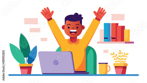 Excited person celebrating success at their desk with a laptop