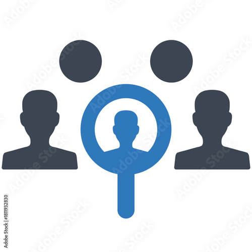 Human Resource Search Icon: A visual representation of human resource, depicting an individual being examined or scouted through a magnifying glass, along with related icons. 