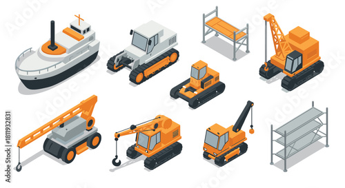 Isometric construction vehicles and equipment set in modern design