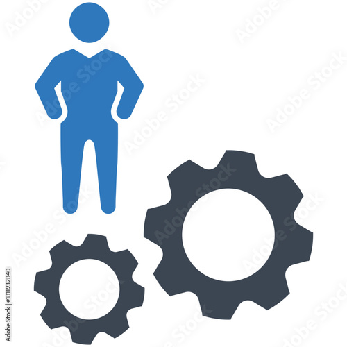 Innovation in Motion: A visionary leader stands beside the gears of progress, embodying the spirit of innovation and strategic action in a business setting.