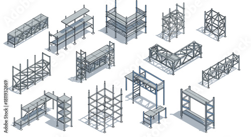 Industrial shelving units in isometric style for warehouse and storage solutions