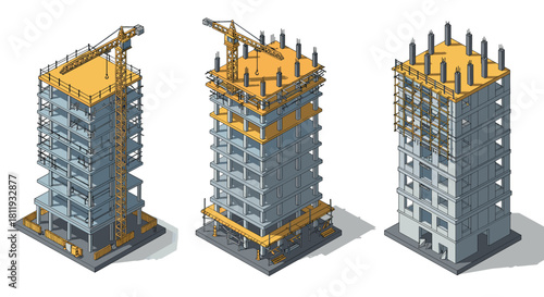 Modern isometric high-rise construction progress with cranes and scaffolding