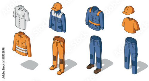 Isometric workwear set: safety clothing and accessories collection