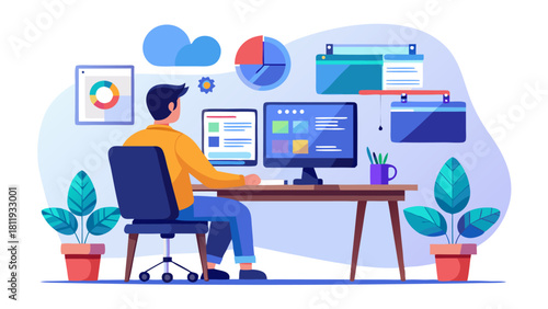 Man working at a desk with multiple computer screens and charts