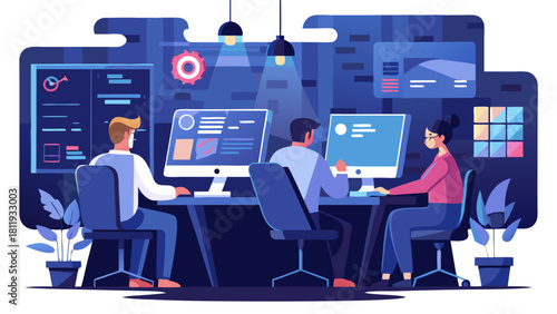 Team collaborating on computers in a modern office setting