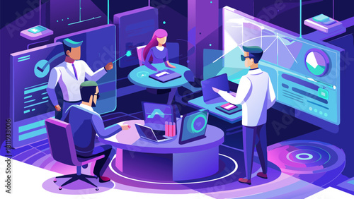 Team collaborating on data analysis in a futuristic tech environment