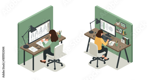 Isometric designers working on fashion and graphics at dual desk setup
