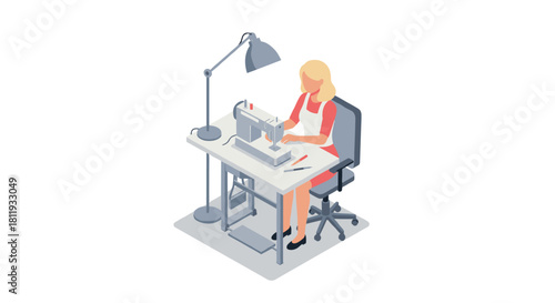 Creative sewing scene with seamstress in modern isometric style