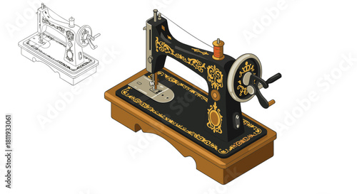 Isometric vintage sewing machine design with decorative patterns and outline view