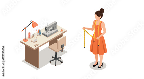 Fashion designer measuring dress with tape near sewing machine in creative workspace