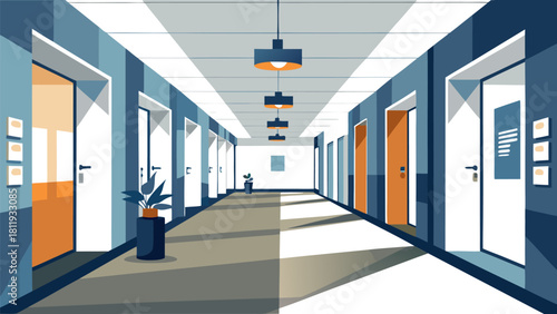 Modern office hallway with multiple doors and natural light