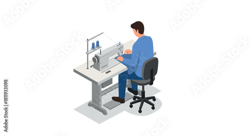Tailor using sewing machine in isometric style for fashion and garment creation