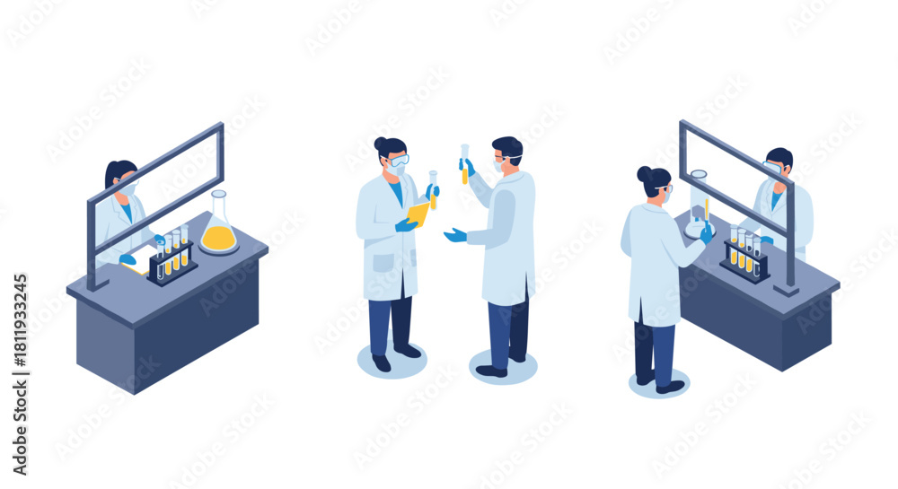 Obraz premium Isometric scientists conducting experiments in a modern laboratory setting