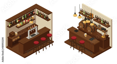 Cozy isometric bar interior with wooden shelves, barrels, and stools displaying beverage variety