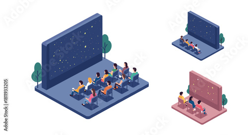 Isometric outdoor cinema with audience watching night sky in multiple color variations