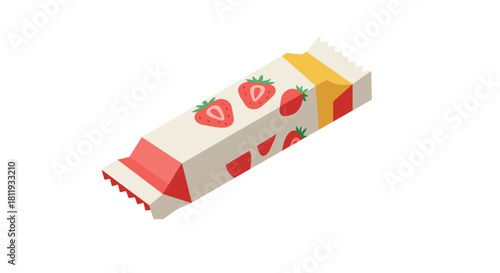 Isometric candy wrapper with strawberry design and bright geometric accents