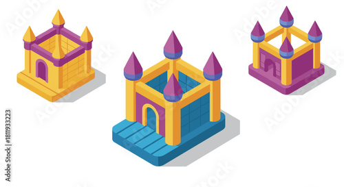 Colorful isometric medieval castles with turrets and arched doors