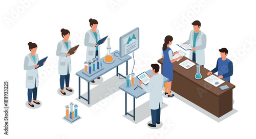Collaborative laboratory team conducting experiments in modern research setting with data analysis