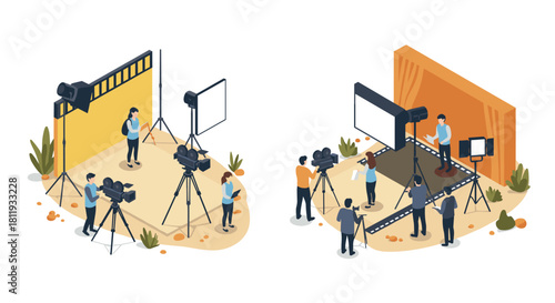 Film production scenes with crew members and equipment in isometric style