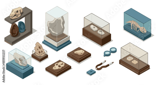 Isometric fossil collection in museum display cases with tools