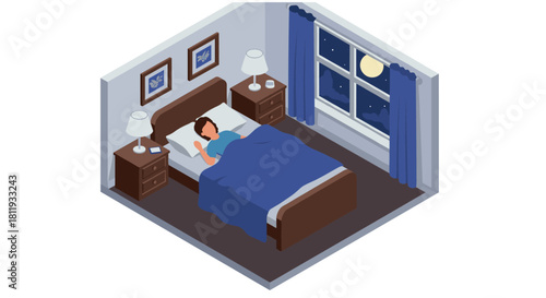Isometric nighttime bedroom scene with sleeping person and full moon outside