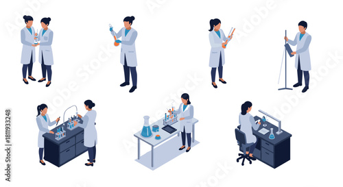Scientists conducting research in laboratory using advanced equipment in isometric style