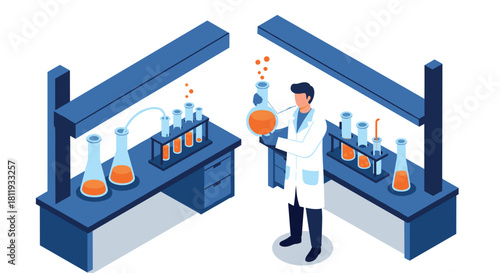 Isometric scientist in modern laboratory holding beaker with orange liquid