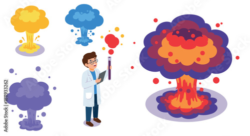 Scientist experimenting with colorful smoke cloud reactions in flat design