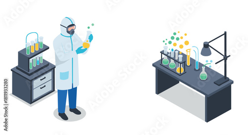Isometric lab scene with scientist in protective gear and chemistry equipment