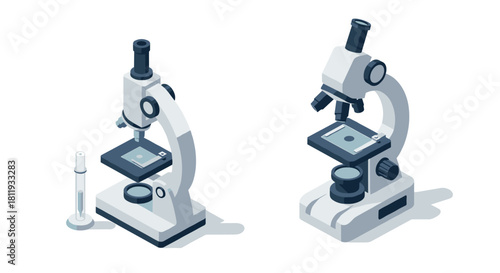 Modern isometric microscopes with laboratory equipment on white background