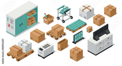 Isometric warehouse scene with boxes, equipment, and goods on pallets