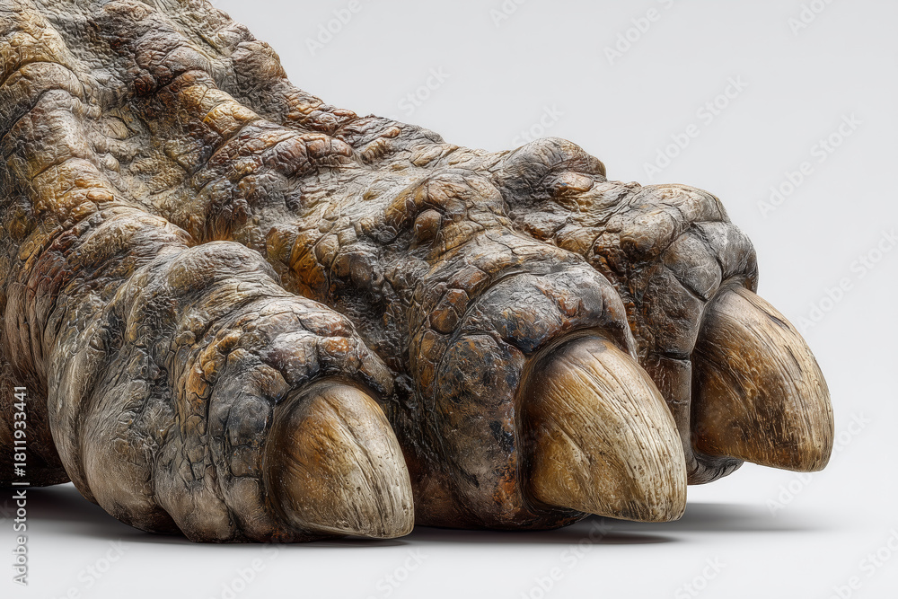 Obraz premium Intimidating dinosaur foot with powerful claw. scaly skin of prehistoric reptile shows immense strength pressing