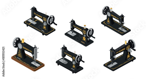 Vintage sewing machines collection in isometric style